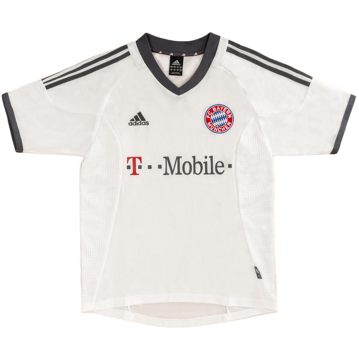 Mens Bayern Munich Retro Away Jersey 2002/03 Mens Bayern Munich Retro Away Jersey 2002/03 white shirt front view with vintage T-Mobile sponsor