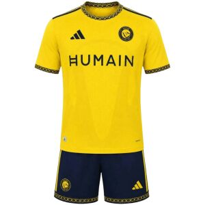 Kids Al Nassr Home Kit 2026/27 yellow jersey and navy shorts front view with club crest
