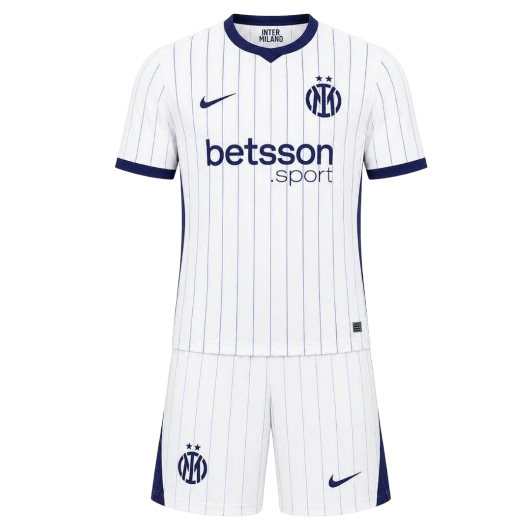 Kids Inter Milan Away Kit 2026/27 Kids Inter Milan Away Kit 2026/27 white pinstripe shirt and matching shorts front view