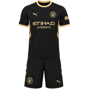 Kids Manchester City Away Kit 2026/27 front view with black and metallic gold shirt, club crest, and matching shorts