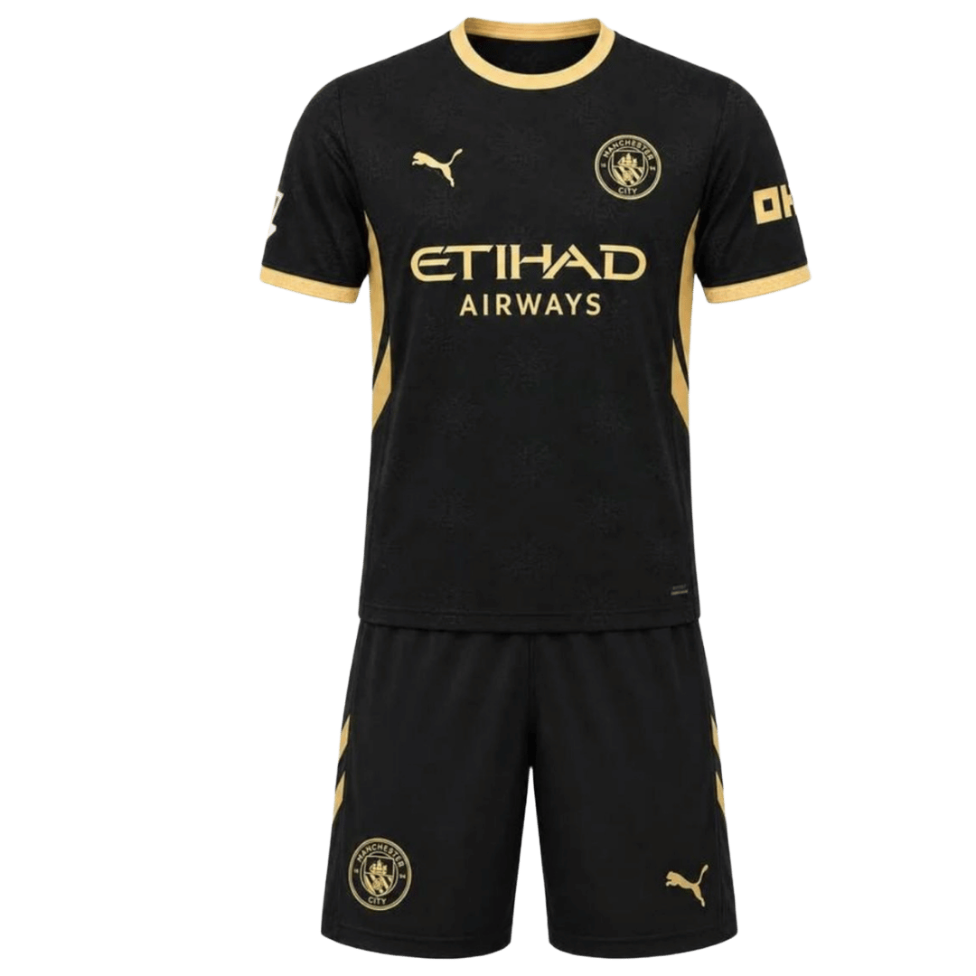 Kids Manchester City Away Kit 2026/27 Kids Manchester City Away Kit 2026/27 front view with black and metallic gold shirt, club crest, and matching shorts