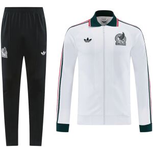 Mens Mexico Jacket White Training Kit Suit 2026 front view showing white jacket with tricolor collar and dark track pants