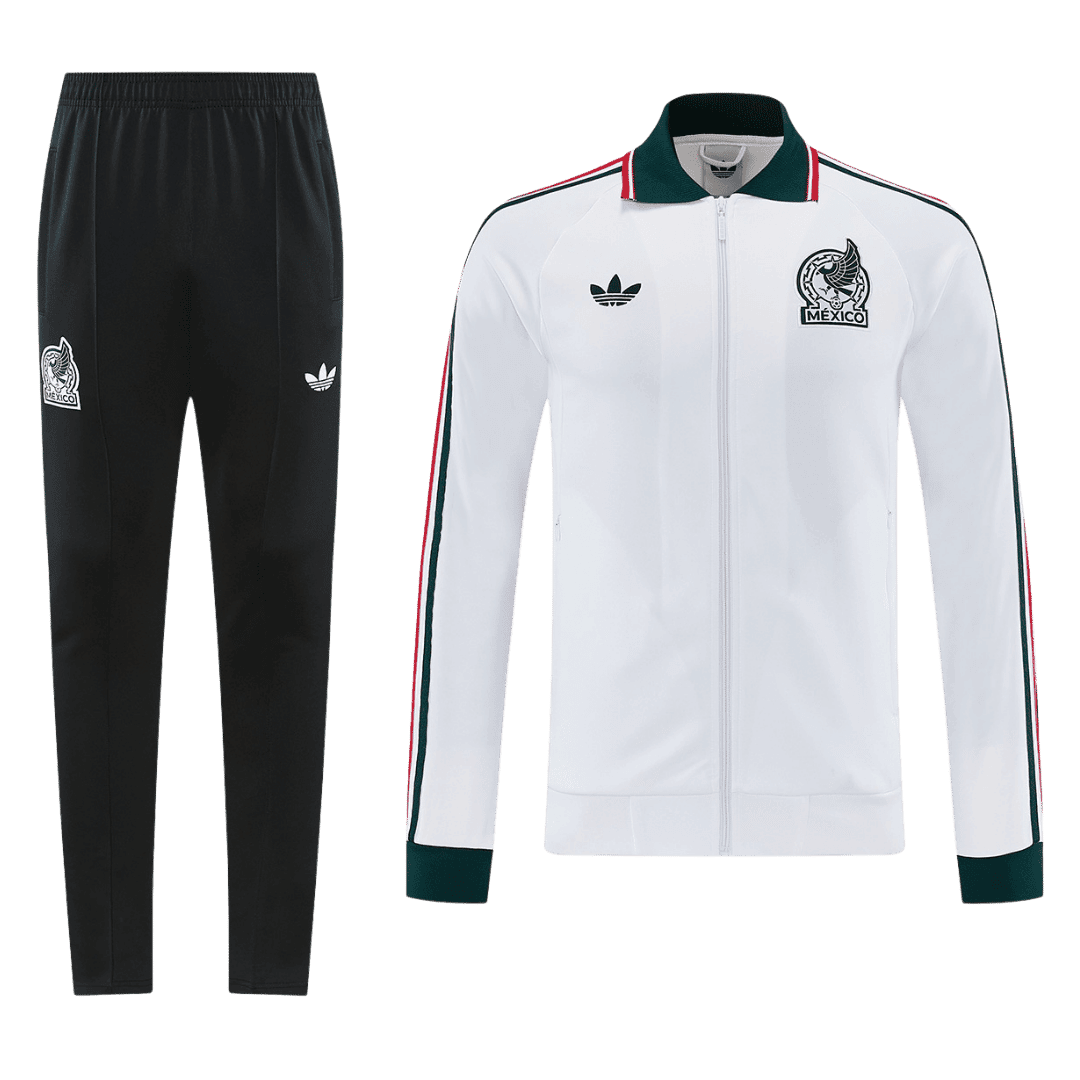 Mens Mexico Jacket White Training Kit Suit 2026 Mens Mexico Jacket White Training Kit Suit 2026 front view showing white jacket with tricolor collar and dark track pants