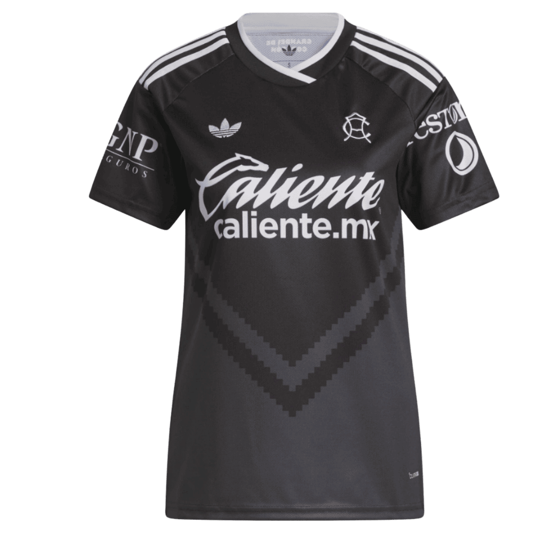 Womens Club America Away Jersey 2026/27 Womens Club America Away Jersey 2026/27 front view in black with tonal chevron, white Trefoil, and retro CA crest