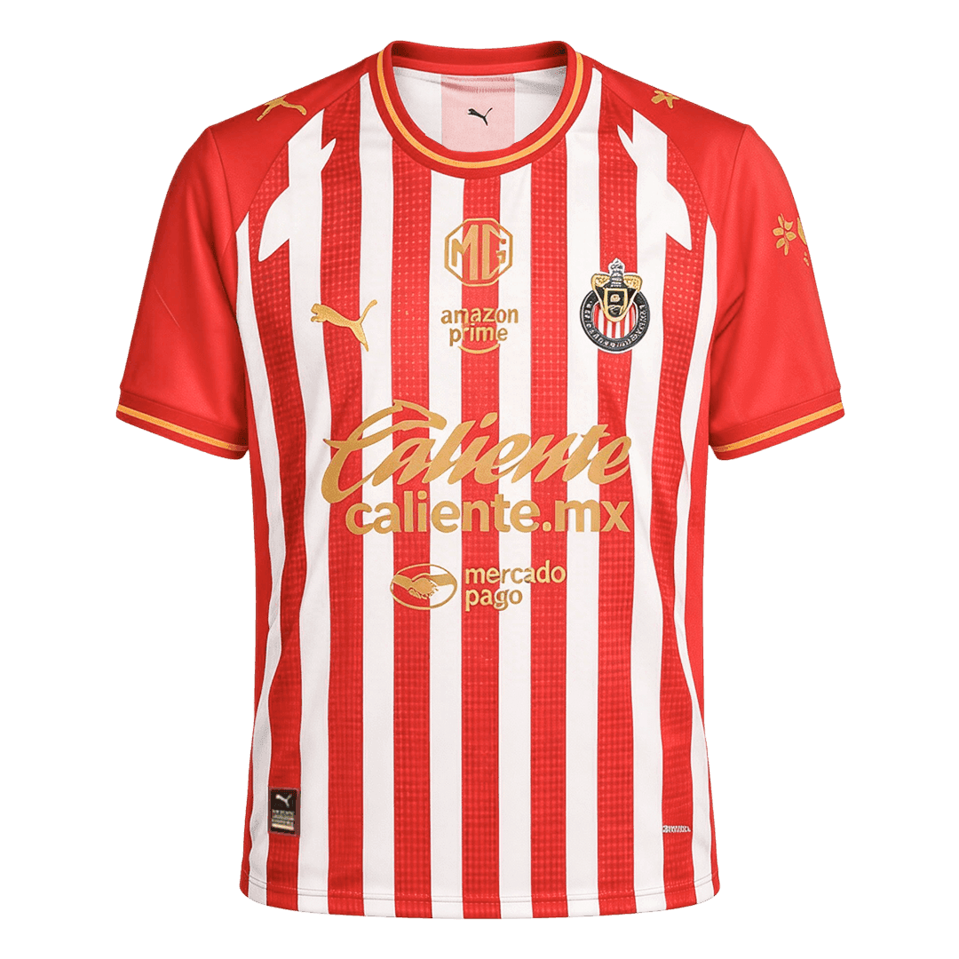 Mens Chivas Home Jersey 2026/27 Mens Chivas Home Jersey 2026/27 front view in red and white stripes with gold Caliente sponsor