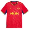 Mens RB Leipzig Away Jersey 2026/27 red shirt front view with linden leaf pattern and Red Bull logo