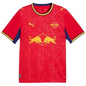 Mens RB Leipzig Away Jersey 2026/27 red shirt front view with linden leaf pattern and Red Bull logo