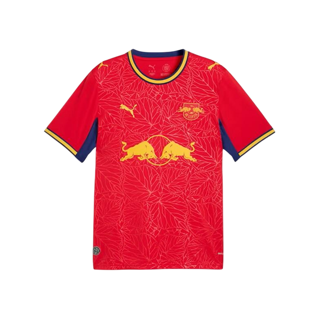Mens RB Leipzig Away Jersey 2026/27 Mens RB Leipzig Away Jersey 2026/27 red shirt front view with linden leaf pattern and Red Bull logo
