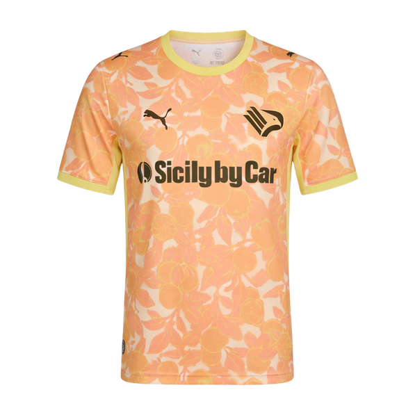 Mens Palermo Away Jersey 2026/27 Mens Palermo Away Jersey 2026/27 peach citrus patterned shirt front view with eagle crest and sponsor