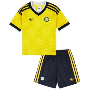 Kids Leeds United Away Kit 2026/27 yellow shirt and navy shorts front view with Yorkshire Rose pattern
