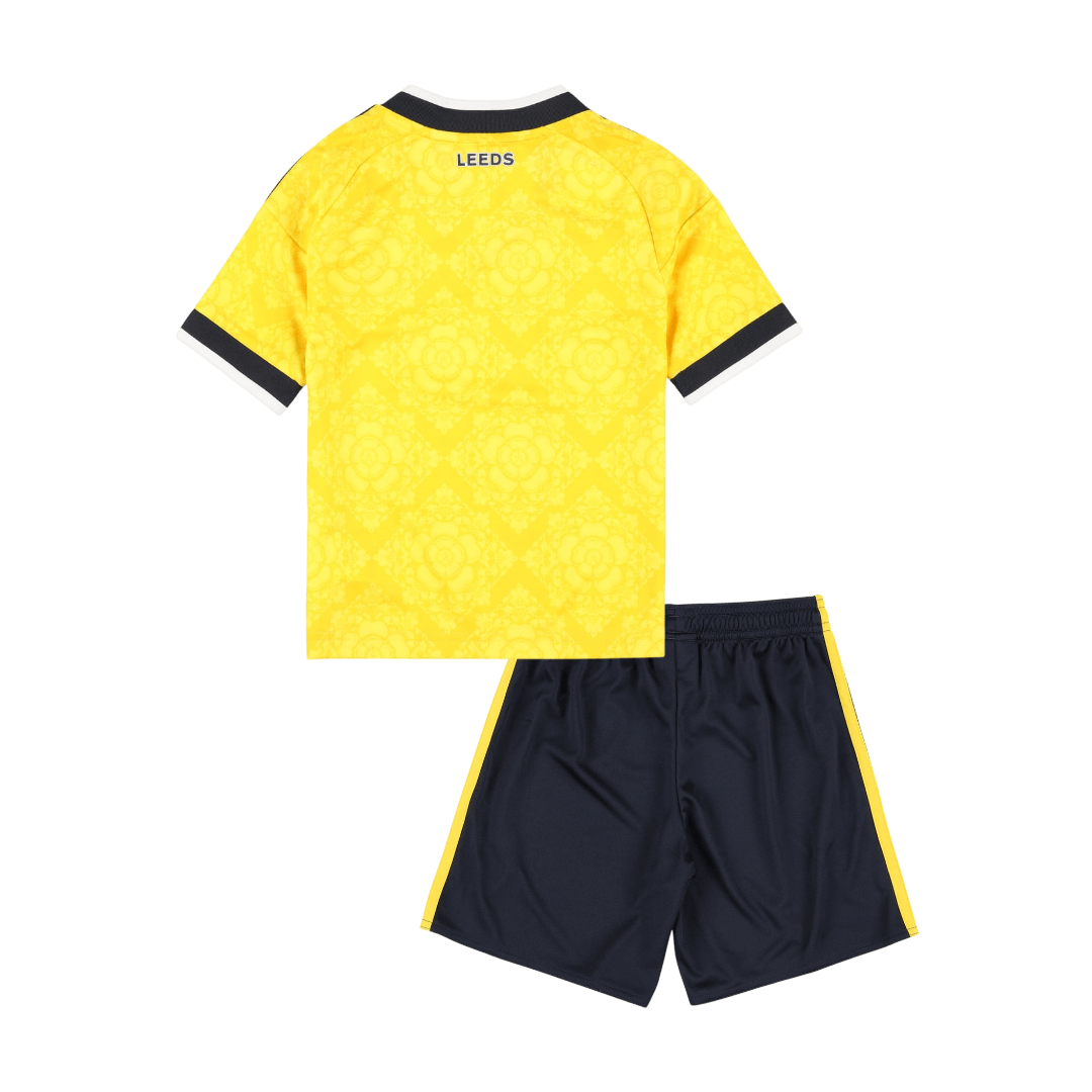 Kids Leeds United Away Kit 2026/27 Kids Leeds United Away Kit 2026/27 youth uniform rear view showing yellow shirt with LEEDS collar text