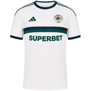 Mens Panathinaikos FC Away Jersey 2026/27 white shirt front view showing navy and green chest band and Superbet logo