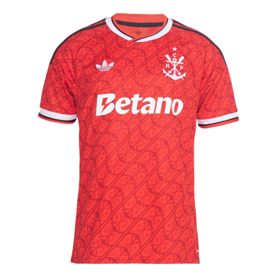 Mens CR Flamengo Third Jersey 2026/27 Mens CR Flamengo Third Jersey 2026/27 red shirt front view with nautical jacquard, Trefoil and rowing crest