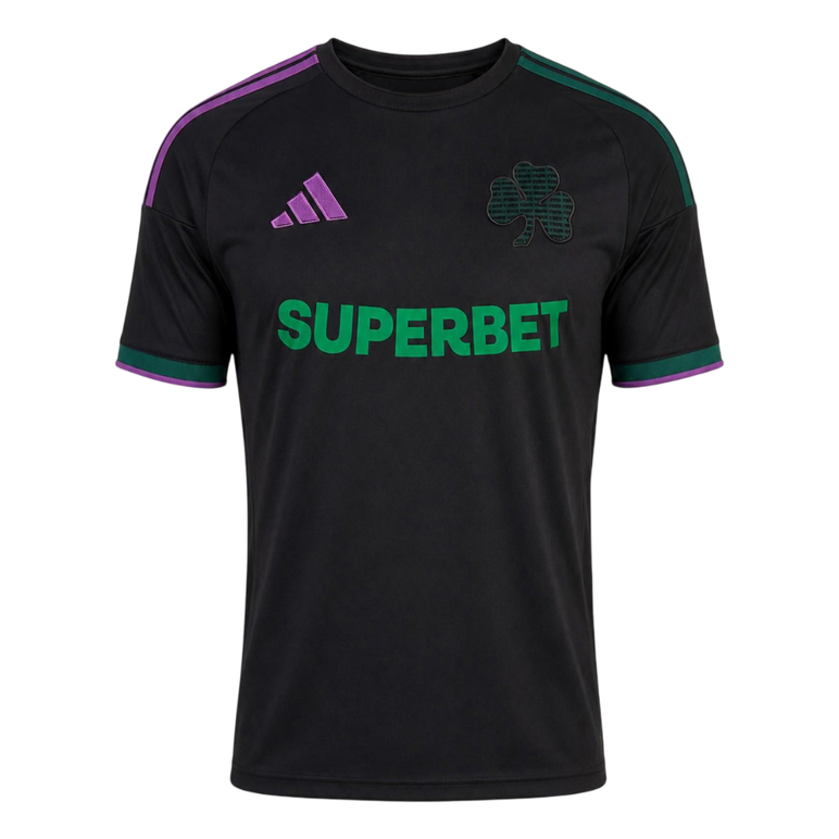Mens Panathinaikos FC Third Jersey 2026/27 Mens Panathinaikos FC Third Jersey 2026/27 black shirt front view showing asymmetric purple and green stripes