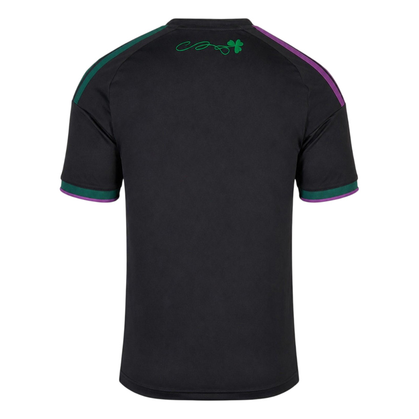 Mens Panathinaikos FC Third Jersey 2026/27 Mens Panathinaikos FC Third Jersey 2026/27 black shirt rear view displaying green shamrock flourish at the collar