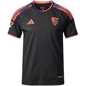 Mens Sevilla Third Jersey 2026/27 black shirt front view featuring iridescent sunset gradient stripes and coral crest