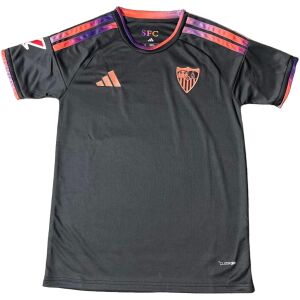 Mens Sevilla Third Jersey 2026/27 flat lay view highlighting textured black fabric and sunset-toned shoulder stripes