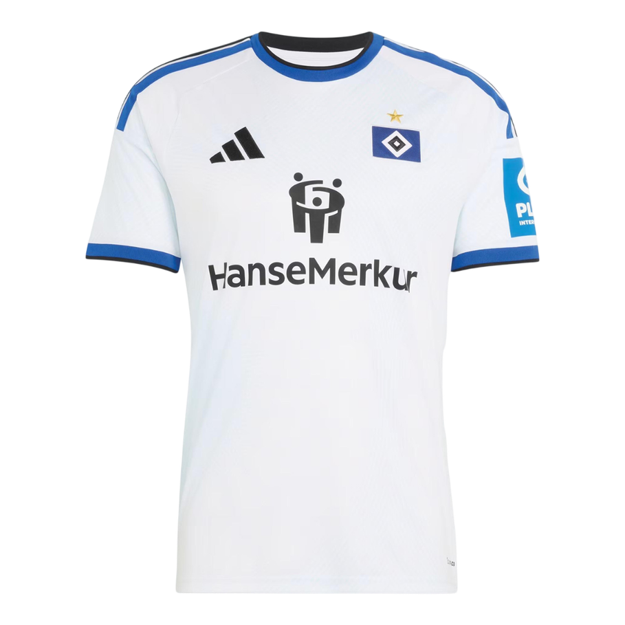 Mens HSV Hamburg Home Jersey 2026/27 Mens HSV Hamburg Home Jersey 2026/27 white home shirt front view with blue shoulder stripes and HanseMerkur sponsor