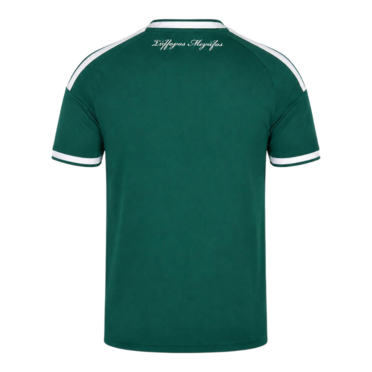 Mens Panathinaikos FC Home Jersey 2026/27 Mens Panathinaikos FC Home Jersey 2026/27 forest green shirt rear view showing white collar and Syllogos Megalos text