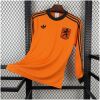 Mens Netherlands Retro Long Sleeve Home Jersey 1980 front view in orange with black stripes and KNVB lion crest