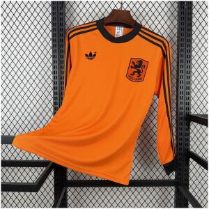 Mens Netherlands Retro Long Sleeve Home Jersey 1980 Mens Netherlands Retro Long Sleeve Home Jersey 1980 front view in orange with black stripes and KNVB lion crest