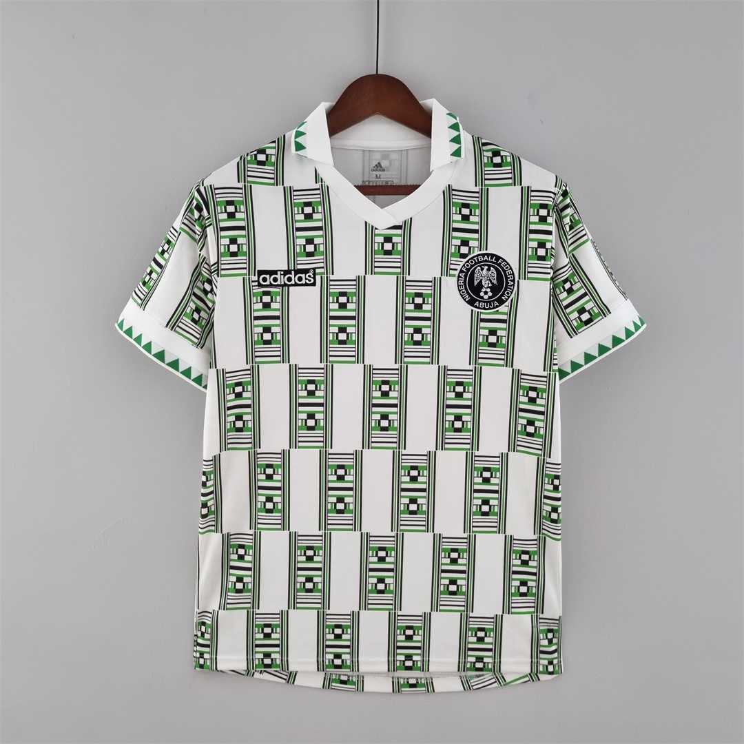 Mens Nigeria Retro Away Jersey 1994 Mens Nigeria Retro Away Jersey 1994 front view in white with green geometric print and NFF crest