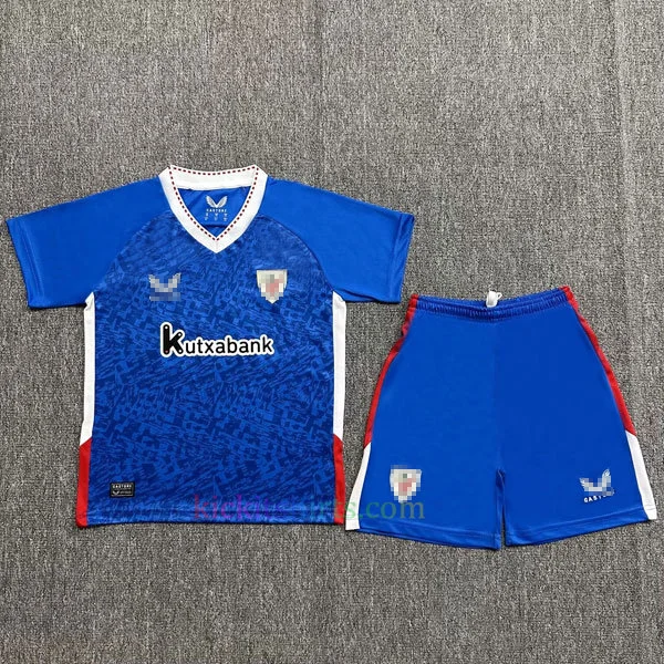 Kids Athletic Bilbao Away Kit 2024/25 Royal blue kids shirt with tonal print and Kutxabank sponsor front view