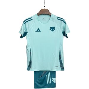 Light aqua kids Cruzeiro training shirt with teal shoulder stripes, front view