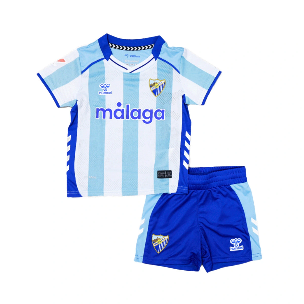 Kids Malaga Home Kit 2025/26 Kids Malaga two-piece kit with striped shirt and shorts front view