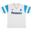 White Marseille retro shirt with blue sleeve stripes, V-neck collar front view