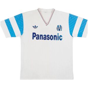 White Marseille retro shirt with blue sleeve stripes, V-neck collar front view
