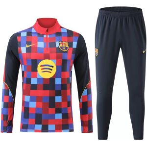 Kids Barcelona Half-zip Colorful Grid Training Kit Suit 2026/27 drill top and navy track pants front view
